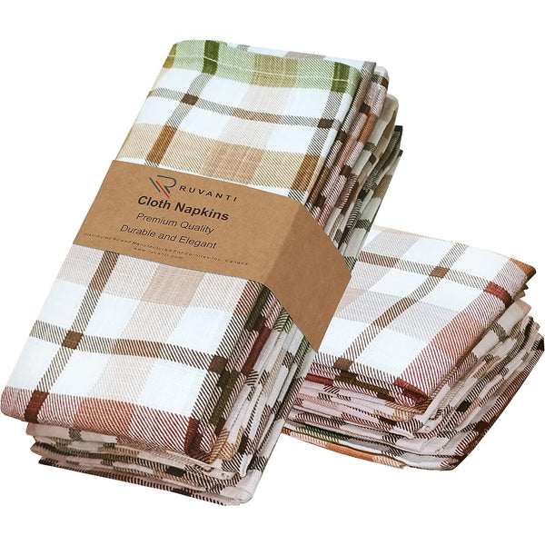 Cloth Napkins (18x18 Inches) - Soft, Durable and Absorbent Printed Cloth Napkins by Ruvanti - Multi Check