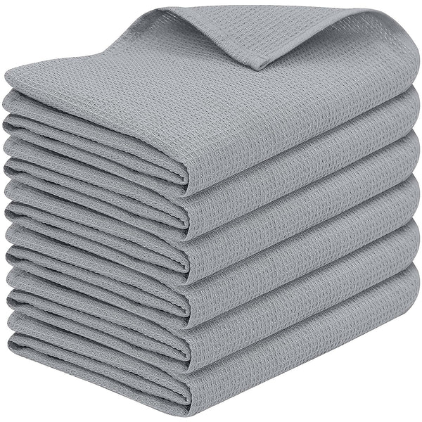 100% Cotton Kitchen & Dish Towel by Ruvanti - 6 Pack (15 Inch x 25 Inch) - Silver (Waffle Weave)