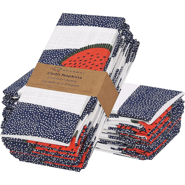 Cotton Cloth Napkins (18x18 Inches) - Soft, Durable and Absorbent Printed Cloth Napkins by Ruvanti - Watermelon