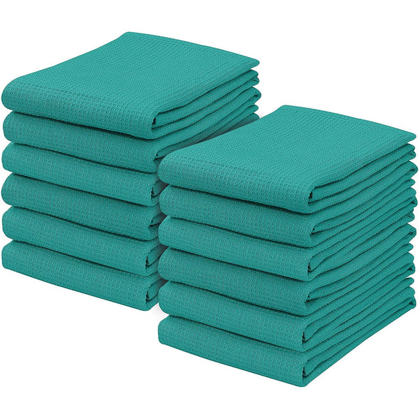 100% Cotton Kitchen & Dish Towel by Ruvanti - 12 Pack (15 Inch x 25 Inch) - Teal (Waffle Weave)