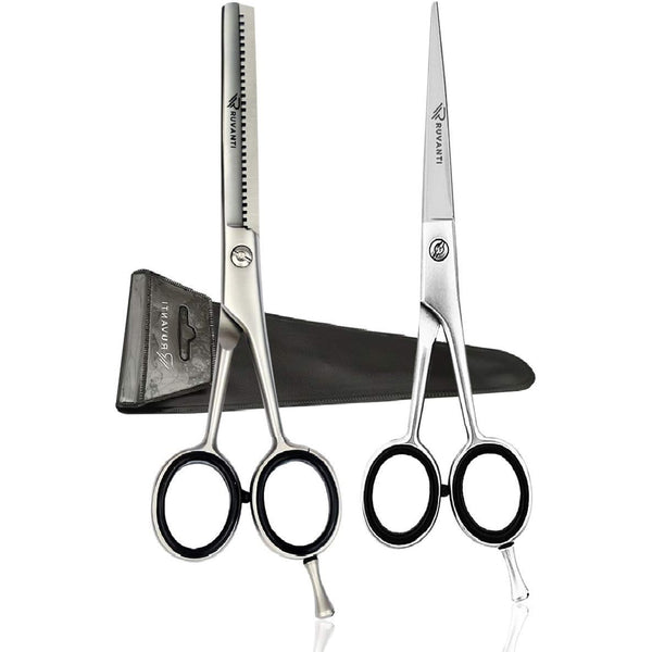 Premium Hair Cutting Scissors - Includes Protective Case  by Ruvanti(Grey Scissor & Thinning Set)