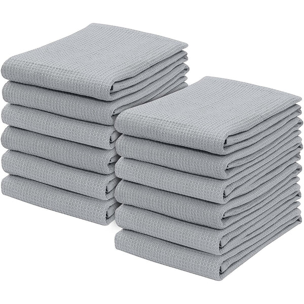 100% Cotton Kitchen & Dish Towel by Ruvanti - 12 Pack (15 Inch x 25 Inch) - Silver (Waffle Weave)