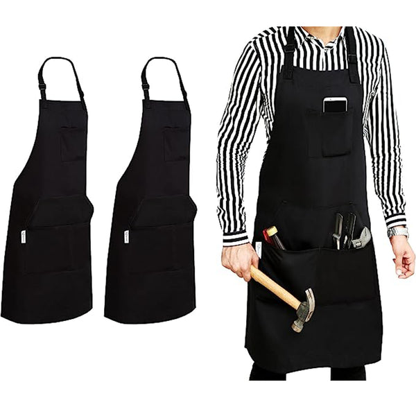 Cotton Blended Extra Large XXL Aprons for Women / Men by Ruvanti (Black - 5 Pockets - 2 Pack)