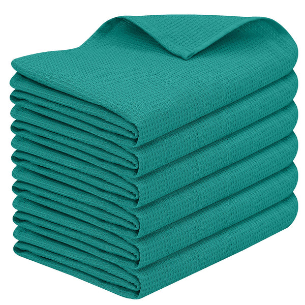 100% Cotton Kitchen & Dish Towel by Ruvanti - 6 Pack (15 Inch x 25 Inch) - Teal (Waffle Weave)