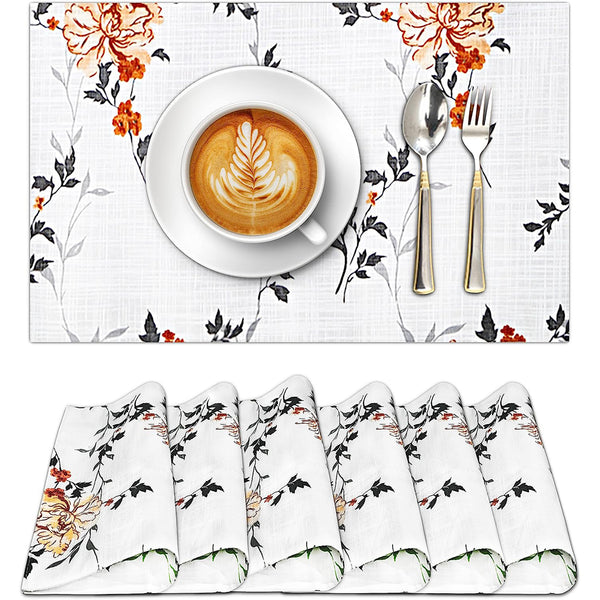 100% Cotton Dining Table Placemats Set of 6 By Ruvanti  (13 x19 Inch) - Grey Floral