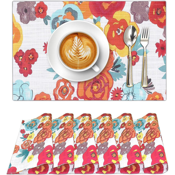 100% Cotton Dining Table Placemats Set of 6 By Ruvanti  (13 x19 Inch) - Multi Flower