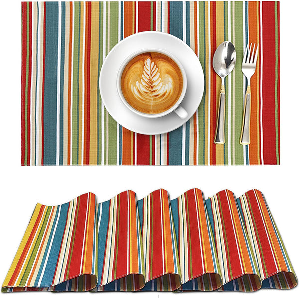 100% Cotton Dining Table Placemats Set of 6 By Ruvanti  (13 x 19 Inch) - Multi Stripe