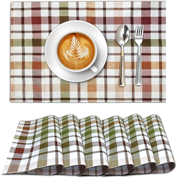 100% Cotton Dining Table Placemats Set of 6 By Ruvanti  (13 x 19 Inch) - Multi Check Brown