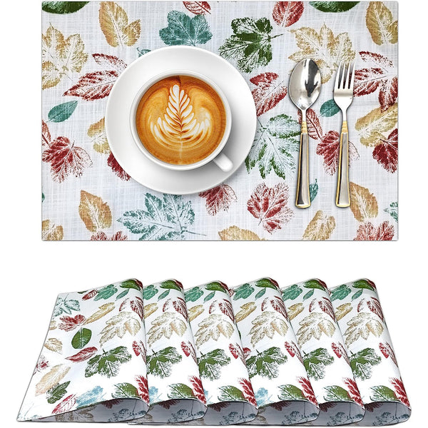 100% Cotton Dining Table Placemats Set of 6 By Ruvanti  (13 x 19 Inch) - Stamped Leaves