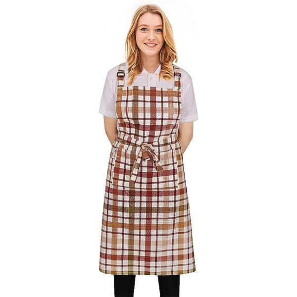 Cotton Enrich Cute Aprons for Women with Pockets by Ruvanti (Multi Check Brown)
