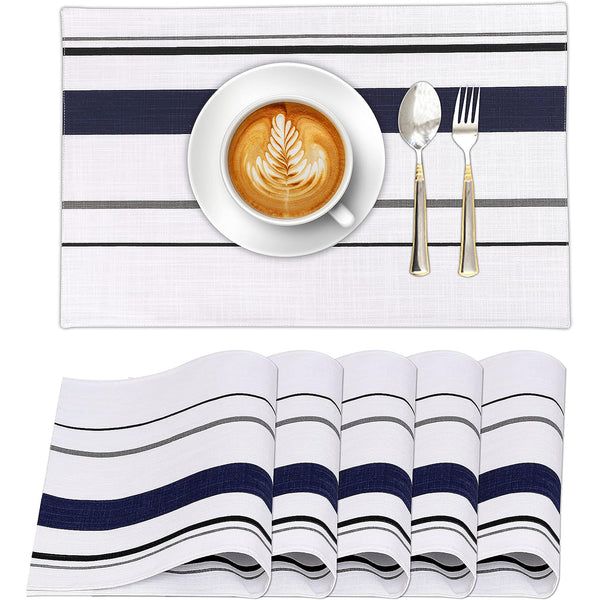 100% Cotton Dining Table Placemats Set of 6 By Ruvanti  (13 x 19 Inch) - Navy Stripe