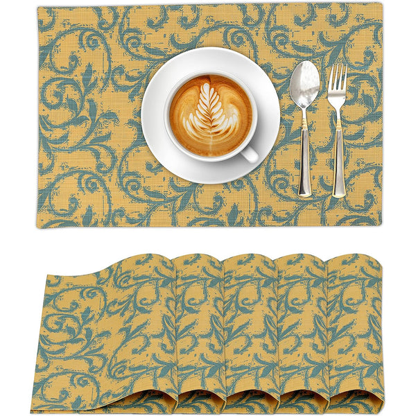 100% Cotton Dining Table Placemats Set of 6 By Ruvanti  (13 x 19 Inch) - Vine Spirals