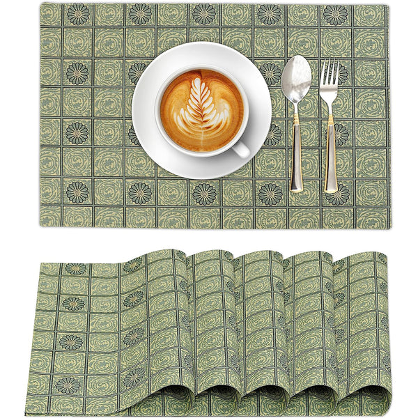 100% Cotton Dining Table Placemats Set of 6 By Ruvanti  (13 x 19 Inch) - Floral Tiles