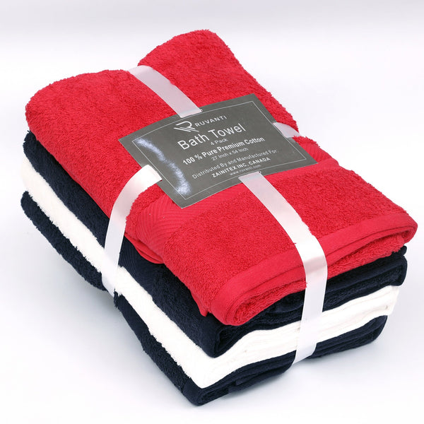 100% Cotton Bath Towel by Ruvanti - (27x54 Inch) - Assorted (Navy, Red, White) - 4 Pack