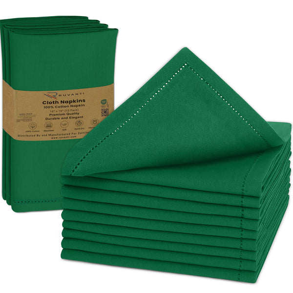 Ruvanti Cloth Napkins - 100% Cotton Dinner Napkins, Hem Stitched Corners, 18x18 Inch, 12 Pack - Soft, Absorbent, Durable, Reusable, Wrinkle Resistant for Formal Dining & Everyday Use