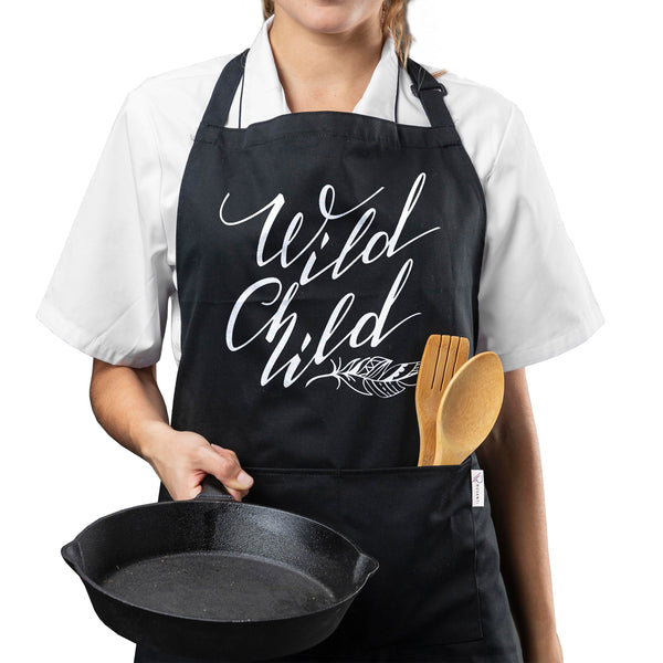 Cotton Blended Extra Large XXL Aprons for Women / Men by Ruvanti - Wild Child (Black)