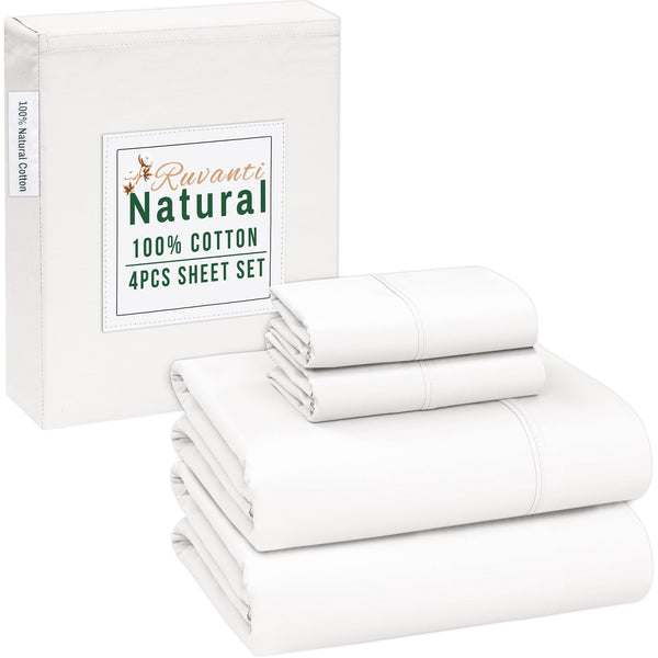 RUVANTI 4-piece cotton sheet set—100% natural, soft, lightweight, breathable percale with 16" deep pockets