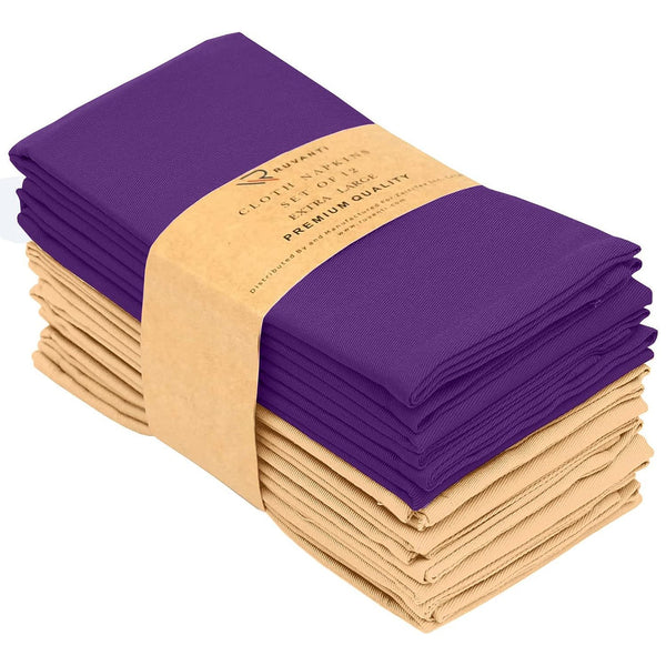 Absorbent Cotton Blend Cloth Napkins by Ruvanti (18x18 Inches) - Purple and Ivory Gold