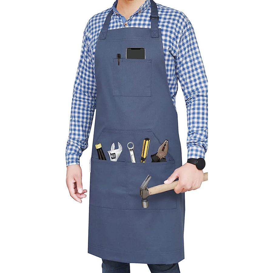 Cotton Blended Extra Large XXL Aprons for Women / Men by Ruvanti (Dark Blue - 5 Pockets)