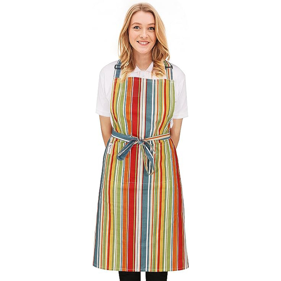 Cotton Enrich Cute Aprons for Women with Pockets by Ruvanti (Multi Stripe)