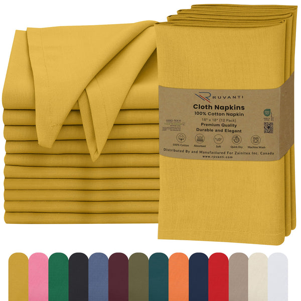 Ruvanti Cloth Napkins Set of 12 – 18x18 Inch, 100% Cotton, Soft & Absorbent, Washable Dinner Napkins for Wedding, Christmas & Thanksgiving