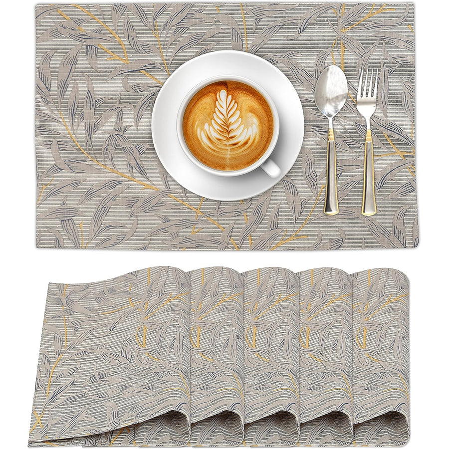 100% Cotton Dining Table Placemats Set of 6 By Ruvanti  (13 x 19 Inch) - Leafy